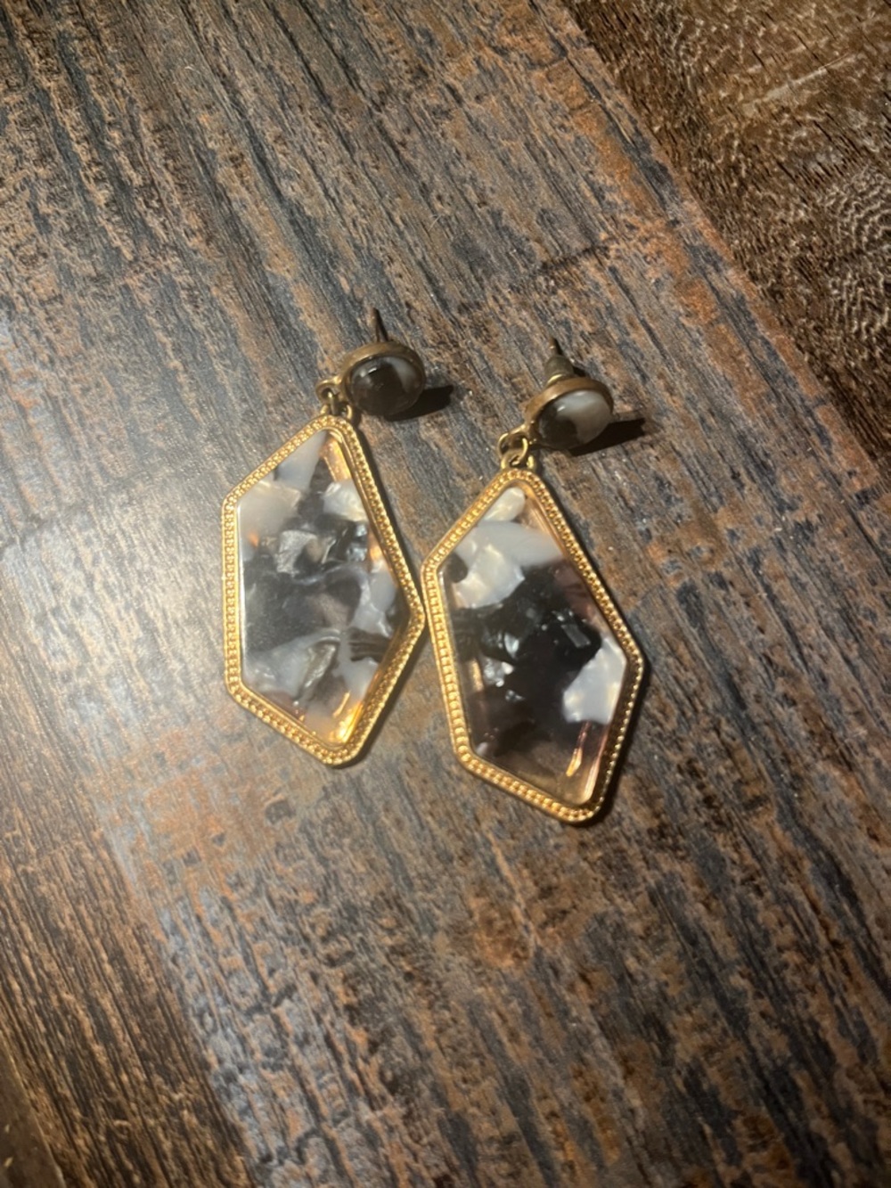 Gold-Framed Black and White Resin Drop Earrings